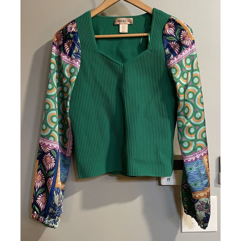 Bailey‎ 44 Top Ribbed Knit Patchwork Long Sleeve Blouse Womens Small